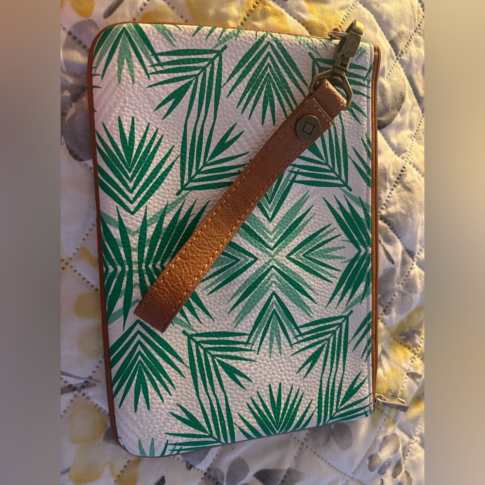 thirty-one White Wristlet Clutch with Green Palm Print and Brown Strap